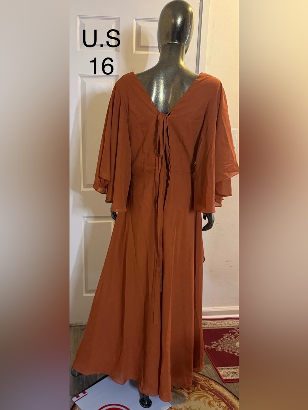 Rust Tie-Front Maxi Dress with Flutter Sleeves